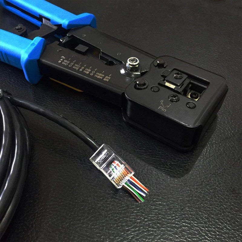 PETECHTOOL أداة تجعيد RJ45 لأداة تجعيد إيثرنت لـ Cat6 Cat5 Cat5e RJ45 تمر عبر الموصلات ونهايات RJ12 تأتي مع 20 قطعة موصلات RJ45 Cat6 وشفرة بديلة - Image 4
